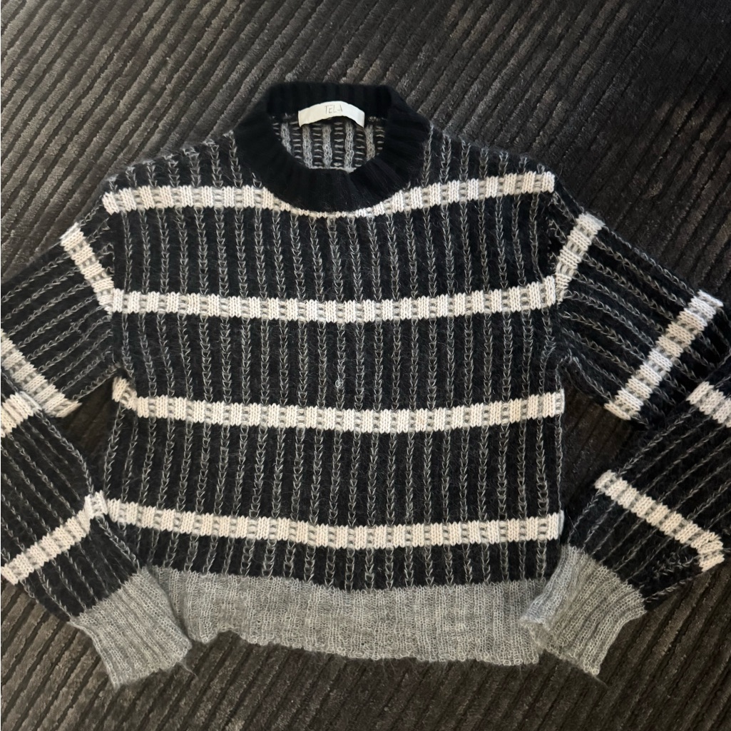 Tela Black And Gray Striped Crew Neck Sweater